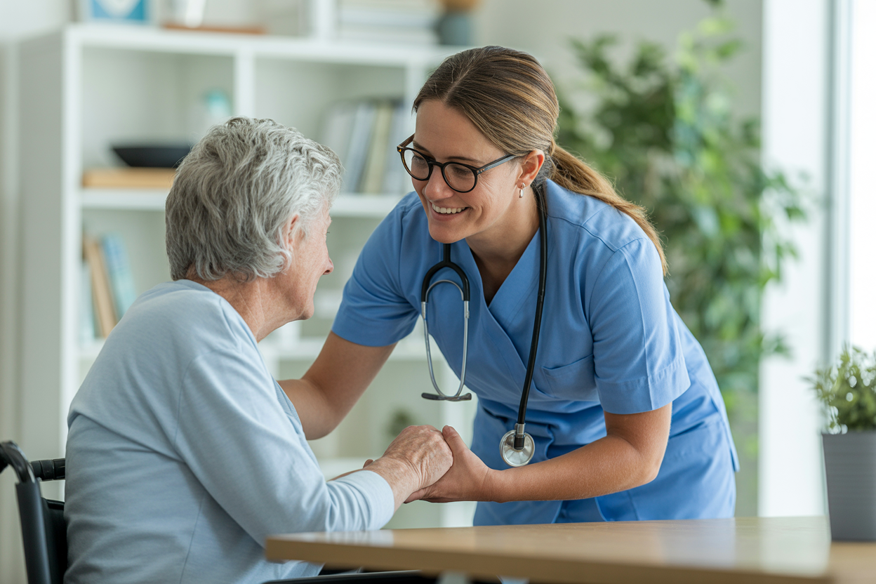 Verzorgende die vrouw helpt